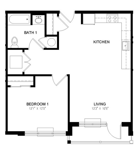A black and white image of a floor plan for a small apartment.